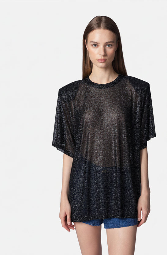 TWENTYFOURHAITCH - T-SHIRT MENDES OVER IN TULLE RIVESTITA CON MINI HOT FIX, MANICHE CORTE E SPALLINA ALTA, LUNGHEZZA MEDIA.