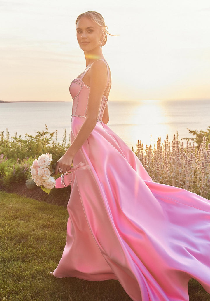 MORILEE - ABITO LUNGO IN TESSUTO DI RASO CON CORPETTO IN STILE BUSTIER CON STECCHE RICOPERTE DI CRISTALLI E PERLINE AL BUSTO E IN VITA