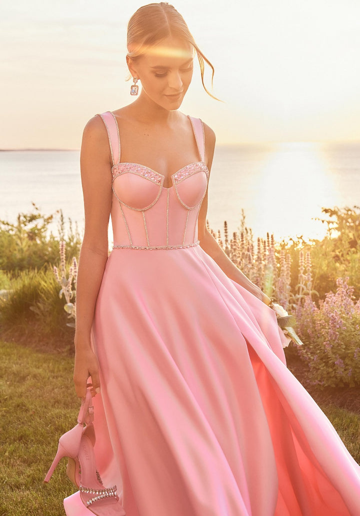 MORILEE - ABITO LUNGO IN TESSUTO DI RASO CON CORPETTO IN STILE BUSTIER CON STECCHE RICOPERTE DI CRISTALLI E PERLINE AL BUSTO E IN VITA