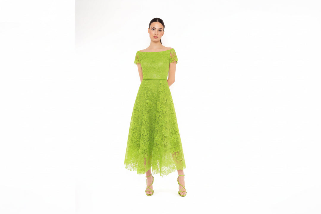 CARLA RUIZ - ABITO MIDI IN PIZZO CON SCOLLO BARDOT