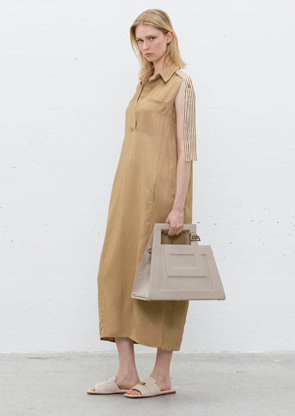 Abito Camicia Lungo in Cotone con Dettagli a Righe