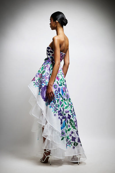 Abito lungo bustier con stampa floreale e balze in tulle