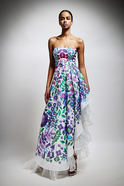 Abito lungo bustier con stampa floreale e balze in tulle