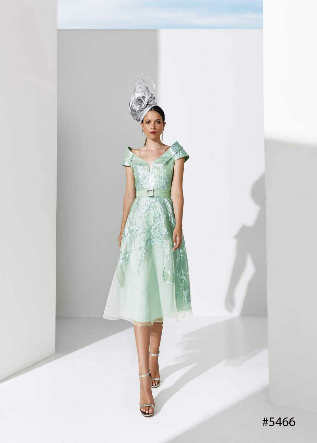 MARIA COCA - ABITO MIDI ELEGANTE VERDE ACQUA CON CINTURA E DETTAGLI IN PIZZO