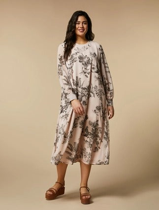 MARINA RINALDI - ABITO MIDI IN GEORGETTE CON STAMPA ESCLUSIVA ALL OVER