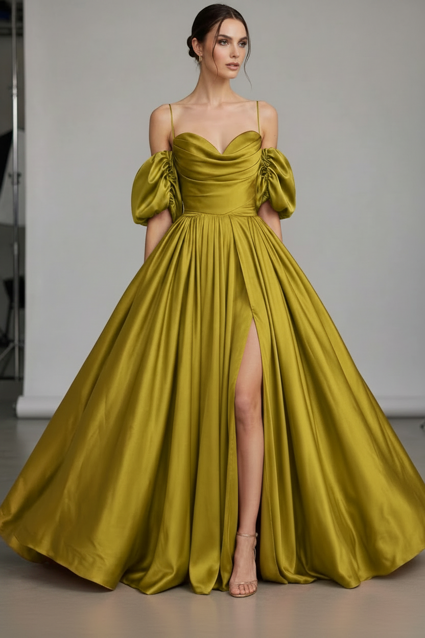 VIVIEN LUXURY - ABITO LUNGO IN RASO CON MANICHE OFF-SHOULDER
