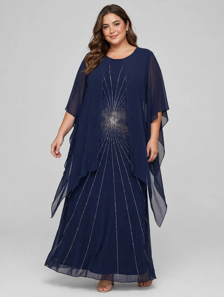 MERY LÒ - ABITO LUNGO CON CAPE IN CHIFFON E RICAMI A RAGGI