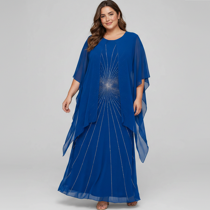 MERY LÒ - ABITO LUNGO CON CAPE IN CHIFFON E RICAMI A RAGGI
