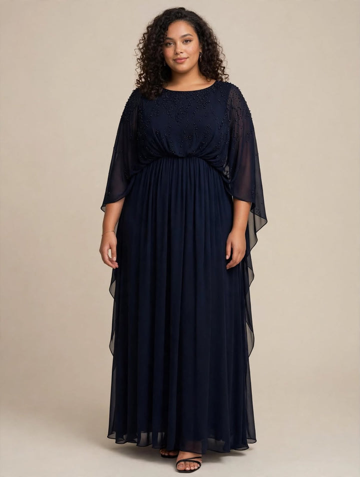 ATELIER ANNA CAIAZZO - ABITO LUNGO BLU NAVY IN CHIFFON CON CORPINO RICAMATO E MANICHE A CAPE