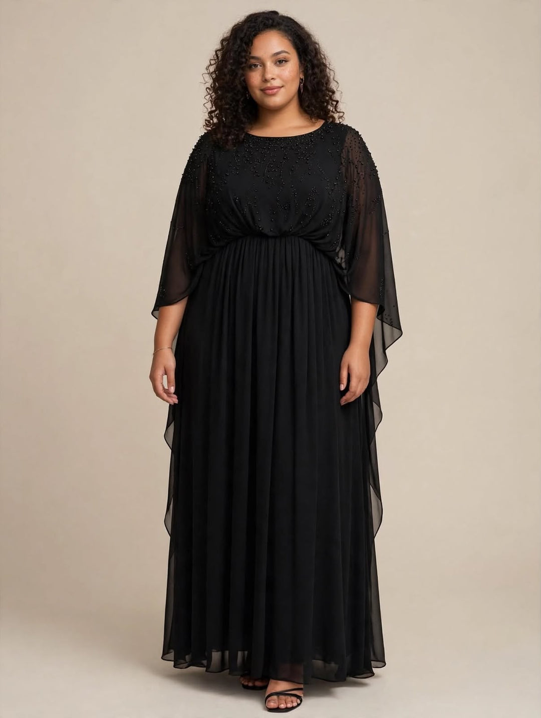 ATELIER ANNA CAIAZZO - ABITO LUNGO BLU NAVY IN CHIFFON CON CORPINO RICAMATO E MANICHE A CAPE
