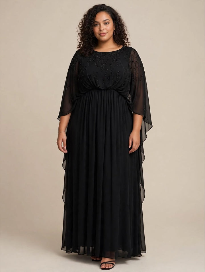 ATELIER ANNA CAIAZZO - ABITO LUNGO BLU NAVY IN CHIFFON CON CORPINO RICAMATO E MANICHE A CAPE