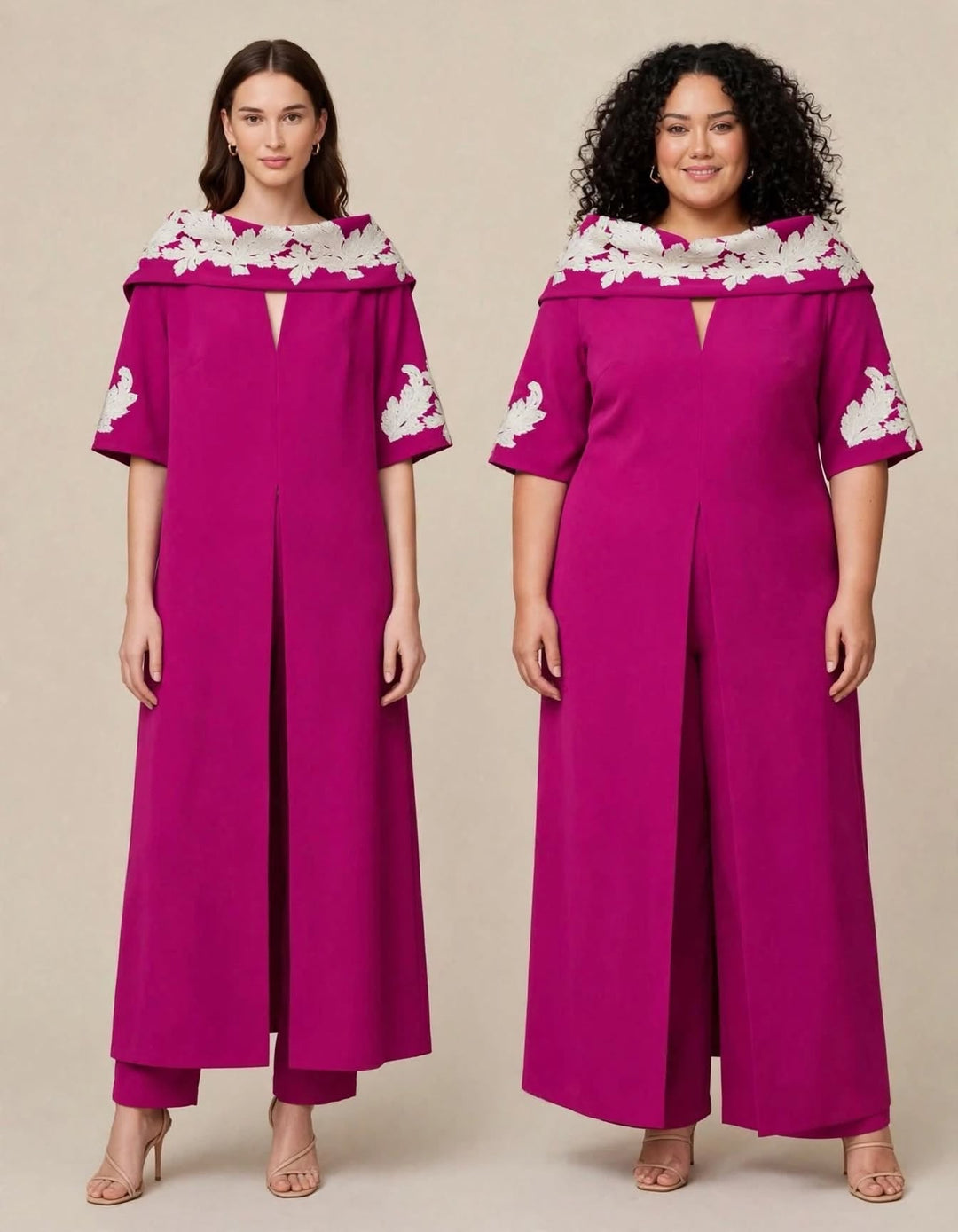 MARIA COCA - COMPLETO DUE PEZZI CON TUNICA IN CRÊPE RICAMATA IN PIZZO E PANTALONE A PALAZZO