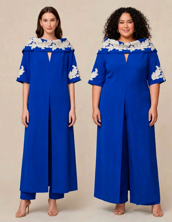 MARIA COCA - COMPLETO DUE PEZZI CON TUNICA IN CRÊPE RICAMATA IN PIZZO E PANTALONE A PALAZZO