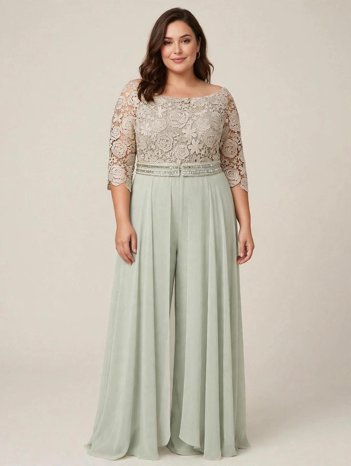 ANNA CAIAZZO - TUTA JUMPSUIT VERDE SALVIA CON CORPINO OFF-SHOULDER IN PIZZO MACRAMÉ CHAMPAGNE, CINTURA IN STRASS E GONNA RIMOVIBILE IN CHIFFON
