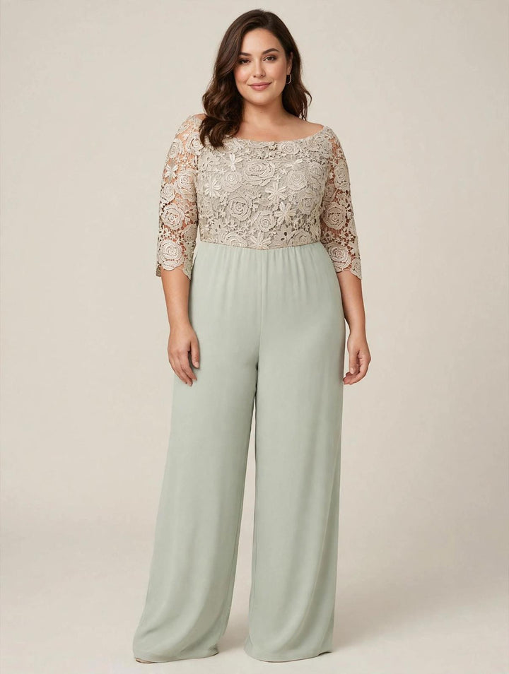 ANNA CAIAZZO - TUTA JUMPSUIT VERDE SALVIA CON CORPINO OFF-SHOULDER IN PIZZO MACRAMÉ CHAMPAGNE, CINTURA IN STRASS E GONNA RIMOVIBILE IN CHIFFON