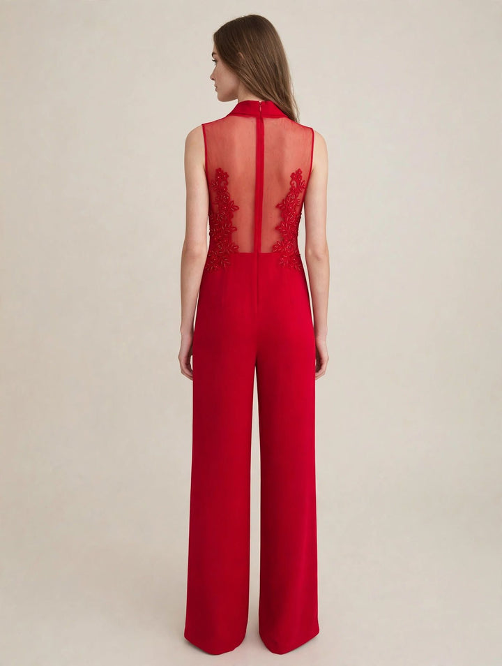 ANNA CAIAZZO - TUTA JUMPSUIT ROSSA IN CRÊPE CON CORPINO A BLAZER, RICAMI FLOREALI IN STRASS E SCHIENA ILLUSION IN TULLE
