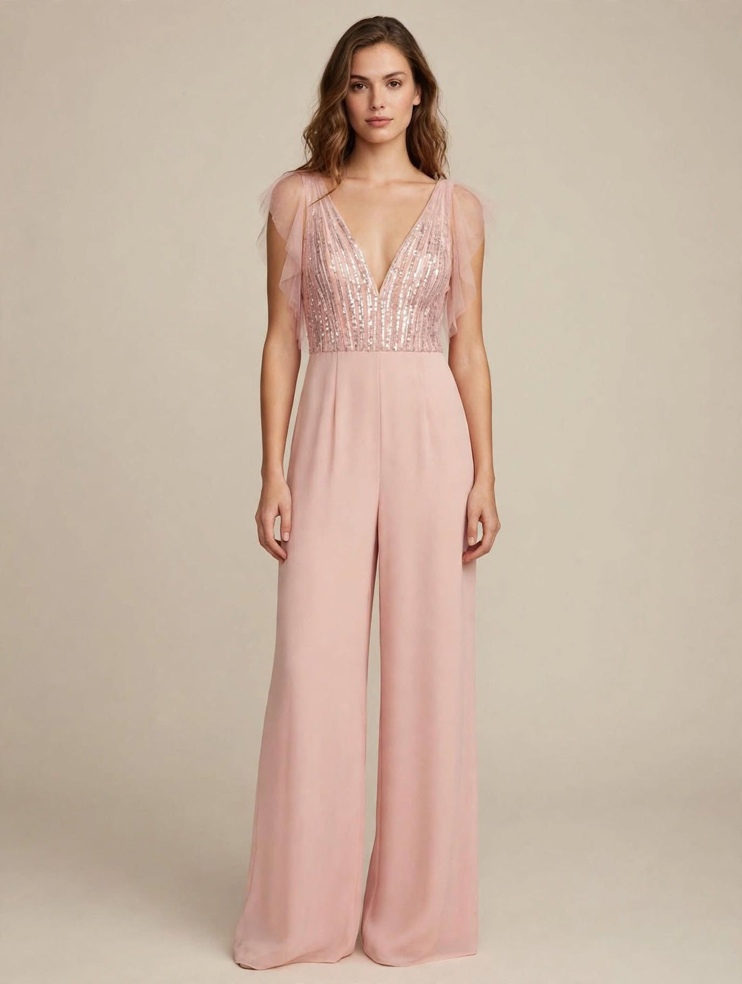 ANNA CAIAZZO - TUTA JUMPSUIT ROSA ANTICO CON CORPINO IN TULLE RICAMATO CON PAILLETTES E STRASS E PANTALONE WIDE-LEG CON GONNA IN CHIFFON