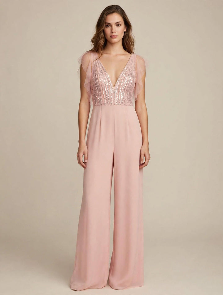 ANNA CAIAZZO - TUTA JUMPSUIT ROSA ANTICO CON CORPINO IN TULLE RICAMATO CON PAILLETTES E STRASS E PANTALONE WIDE-LEG CON GONNA IN CHIFFON