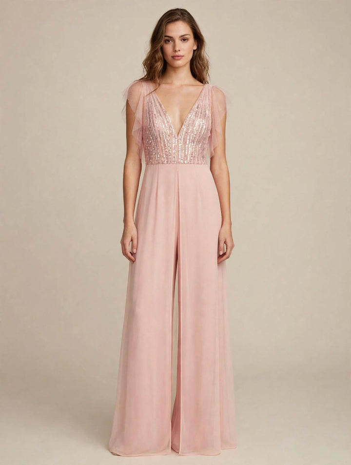 ANNA CAIAZZO - TUTA JUMPSUIT ROSA ANTICO CON CORPINO IN TULLE RICAMATO CON PAILLETTES E STRASS E PANTALONE WIDE-LEG CON GONNA IN CHIFFON