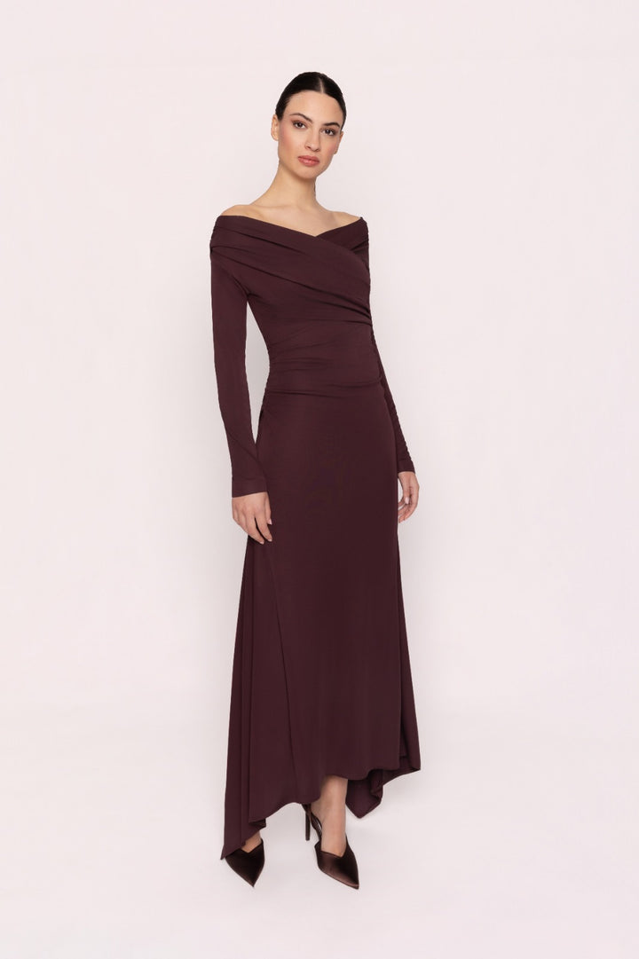 CARLA RUIZ - ABITO MIDI LUNGO BORDEAUX IN JERSEY CON SCOLLO A V OFF-SHOULDER INCROCIATO