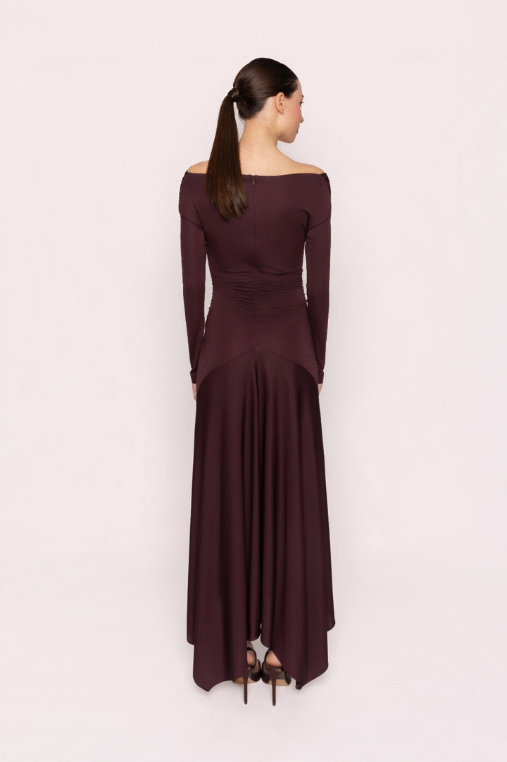 CARLA RUIZ - ABITO MIDI LUNGO BORDEAUX IN JERSEY CON SCOLLO A V OFF-SHOULDER INCROCIATO