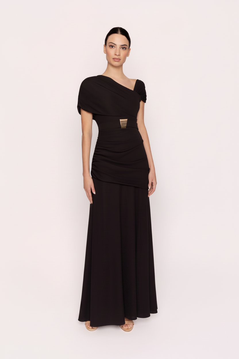 CARLA RUIZ - ABITO LUNGO IN JERSEY CON SCOLLO ASIMMETRICO DRAPPEGGIATO