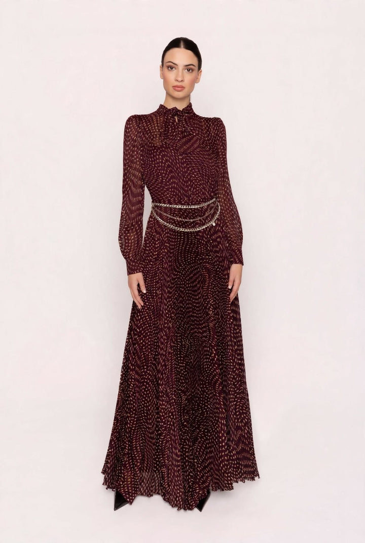 CARLA RUIZ - ABITO LUNGO IN CHIFFON PLISSÉ CON STAMPA ASTRATTA A ONDE