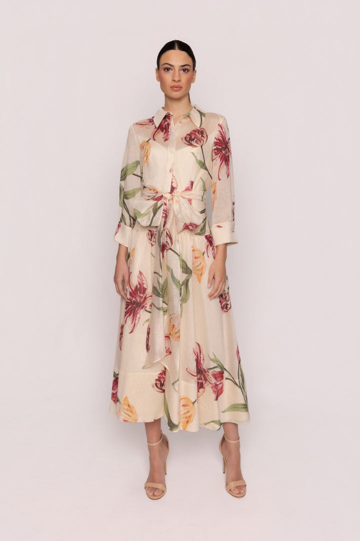 CARLA RUIZ - ABITO MIDI IN CHIFFON CON MAXI STAMPA FLOREALE BOTANICA