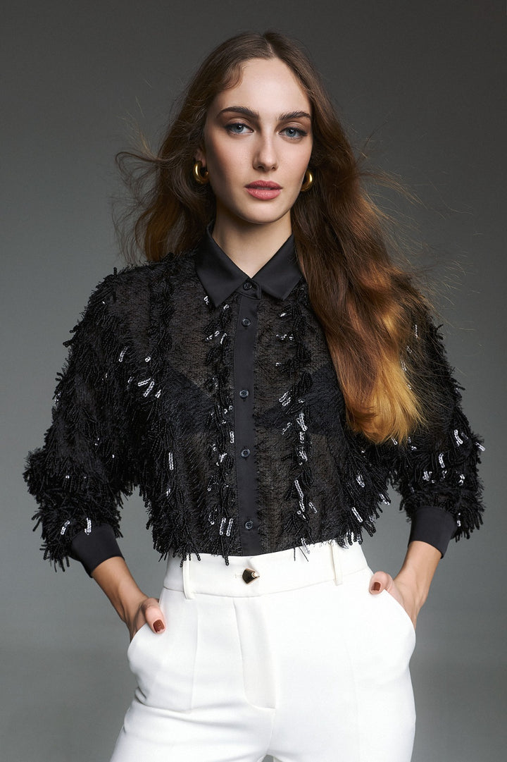 TWINS - CAMICIA IN PIZZO CON FRANGE E PAILLETTES