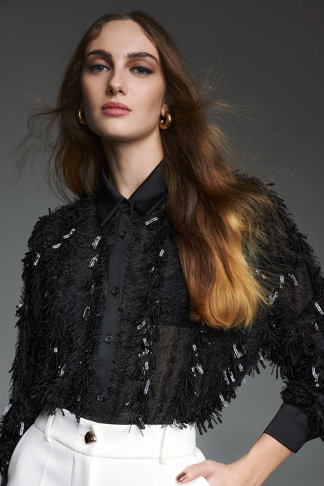 TWINS - CAMICIA IN PIZZO CON FRANGE E PAILLETTES