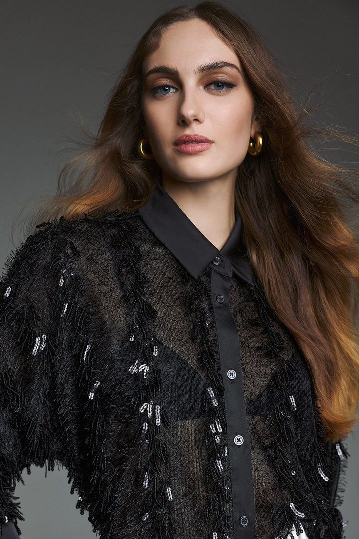 TWINS - CAMICIA IN PIZZO CON FRANGE E PAILLETTES