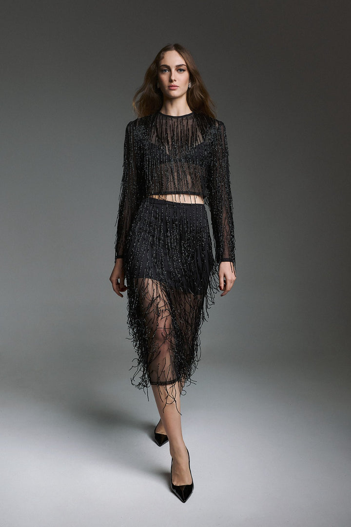 TWINS - GONNA MIDI IN TULLE CON FRANGE E CRISTALLI