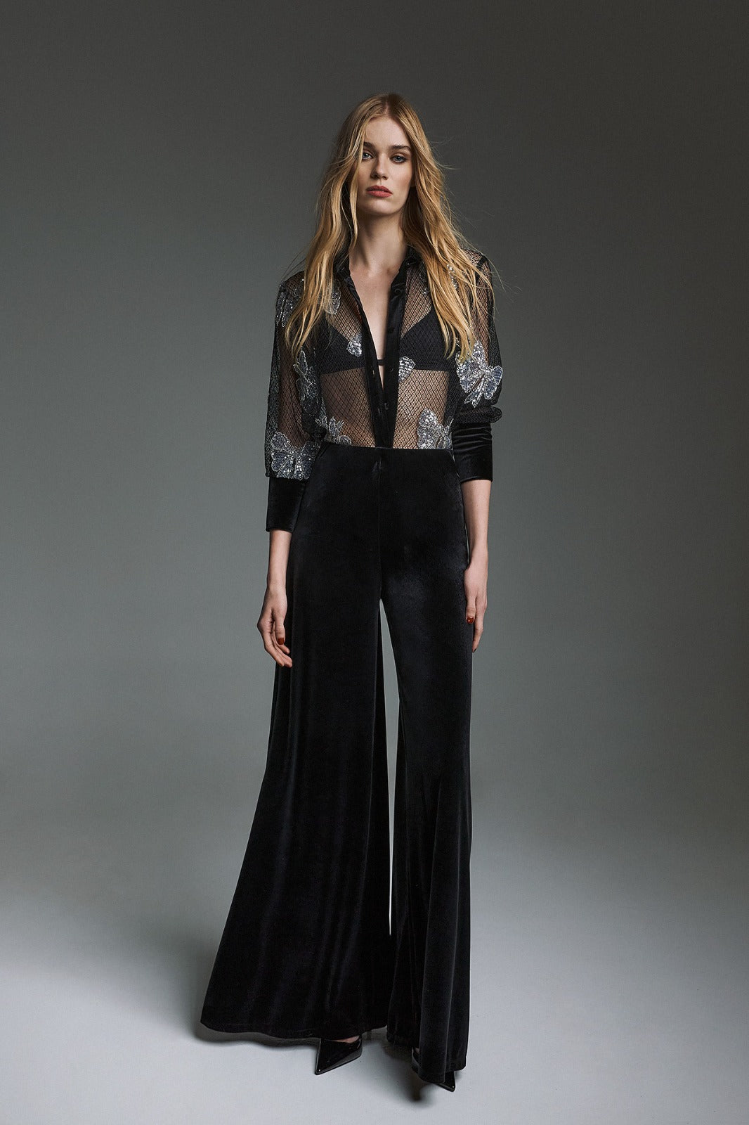 TWINS - CAMICIA IN RETE CON RICAMI A FARFALLA E PAILLETTES