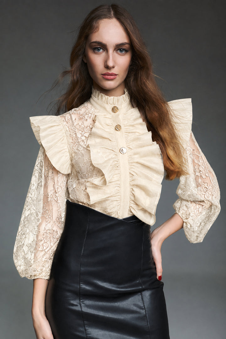 TWINS - CAMICIA IN PIZZO FLOREALE CON VOLANT E BOTTONI GIOIELLO