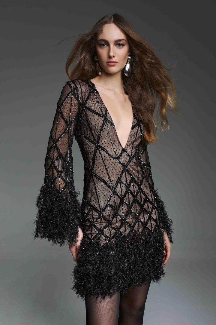 TWINS - MINIDRESS IN RETE CON RICAMI A ROMBI E FRANGE