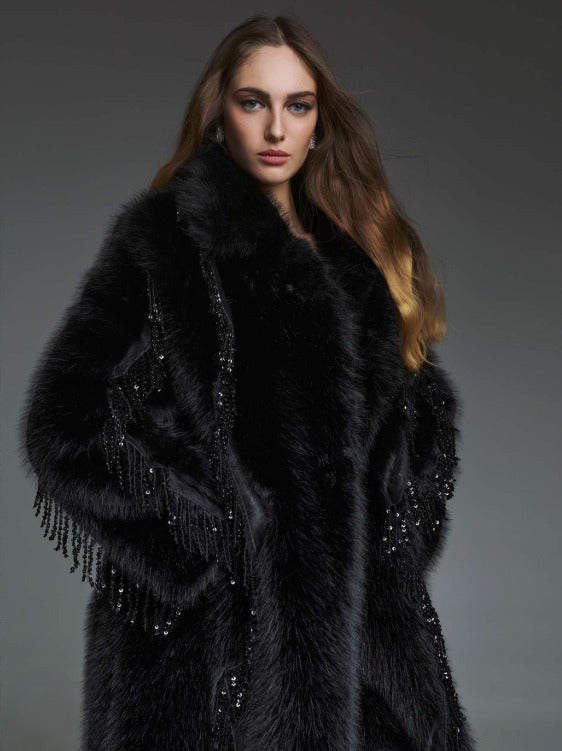 TWINS - CAPPOTTO IN ECOPELLICCIA CON FRANGE E CRISTALLI