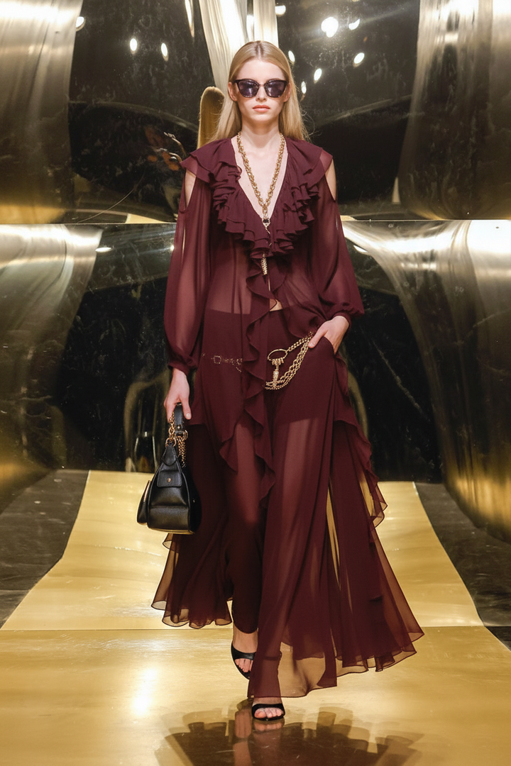 BABYLON - ABITO CORTO LUNGO IN CHIFFON DISPONIBILE NERO O BORDEAUX