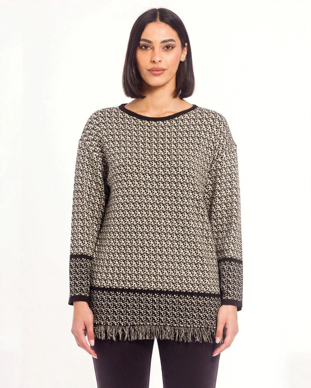 GAIA LIFE - MAGLIA DISPONIBILE CON STAMPA GEOMETRICA MARRONE O NERA SU FONDO BEIGE