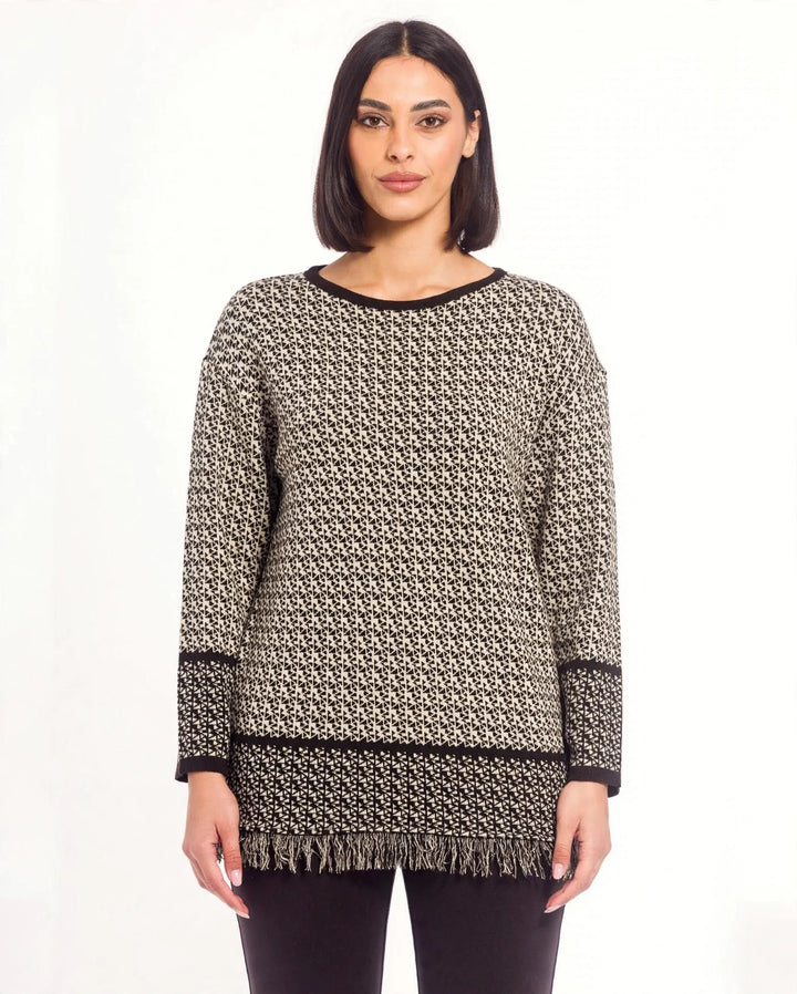 GAIA LIFE - MAGLIA DISPONIBILE CON STAMPA GEOMETRICA MARRONE O NERA SU FONDO BEIGE