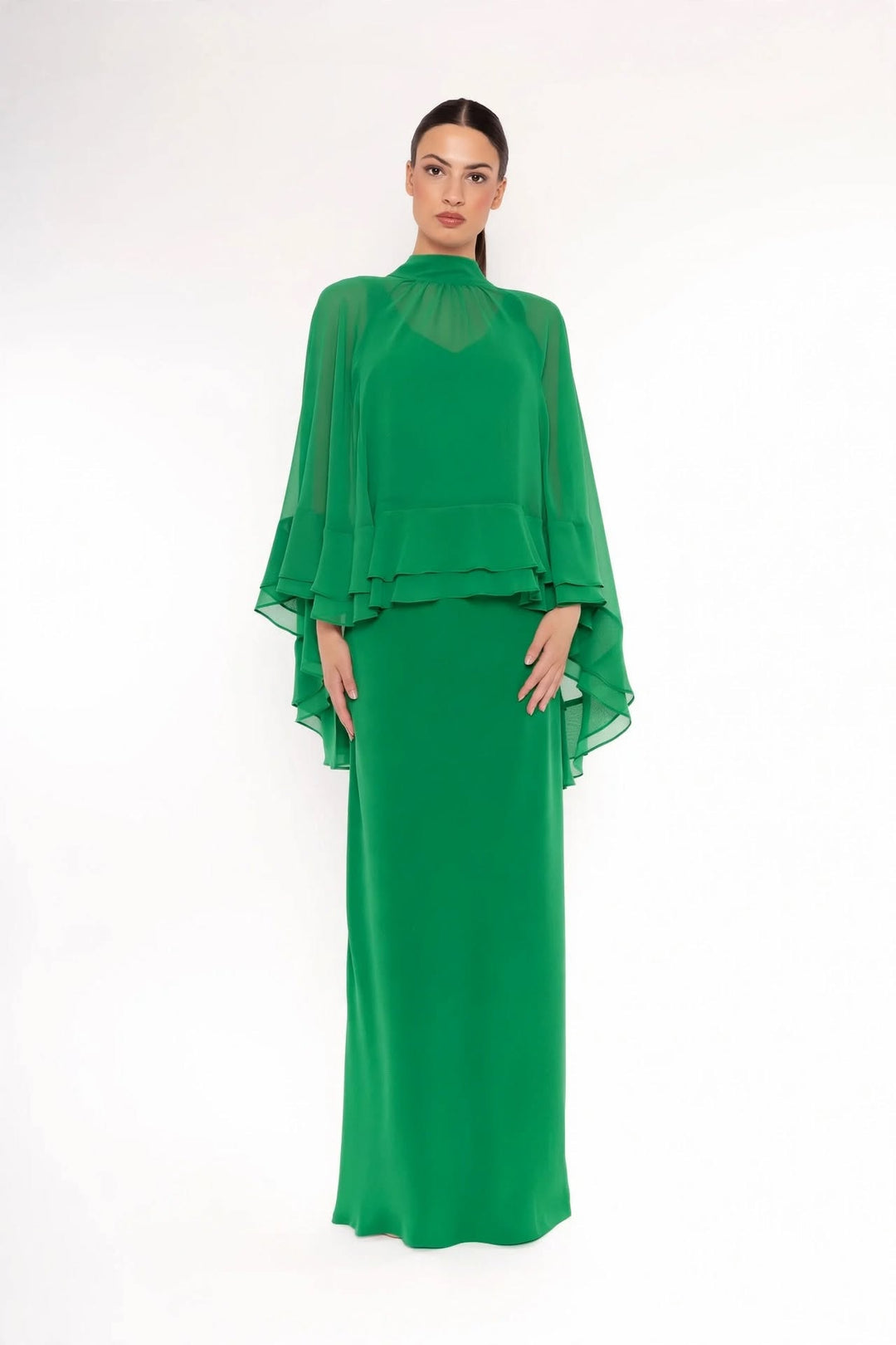 CARLA RUIZ - COMPLETO LUNGO ELEGANTE CON MANTELLA IN CHIFFON – DISPONIBILE ROSA, BLU E VERDE