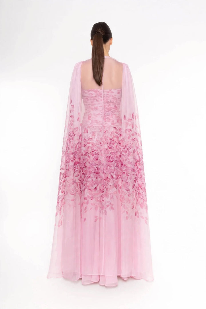 ABITO LUNGO CON MANTELLA IN CHIFFON E STAMPA FLOREALE