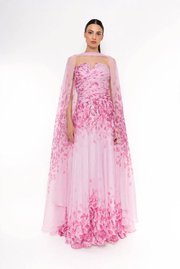 ABITO LUNGO CON MANTELLA IN CHIFFON E STAMPA FLOREALE