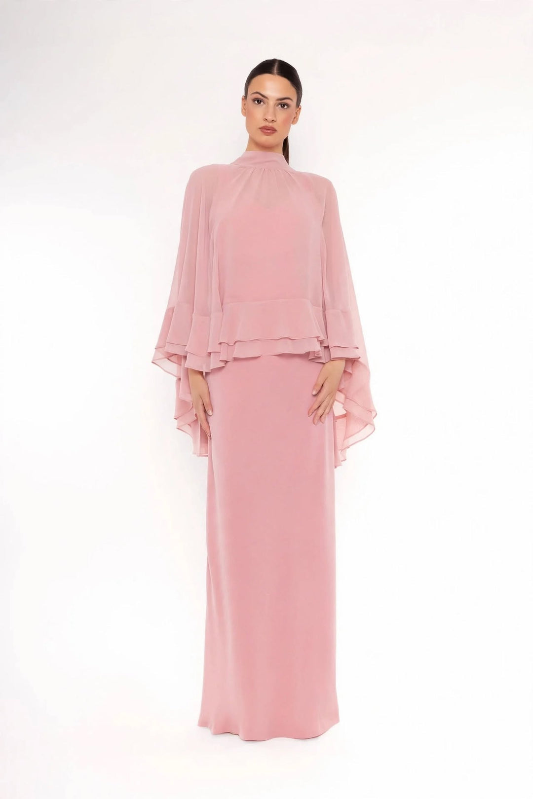 CARLA RUIZ - COMPLETO LUNGO ELEGANTE CON MANTELLA IN CHIFFON – DISPONIBILE ROSA, BLU E VERDE