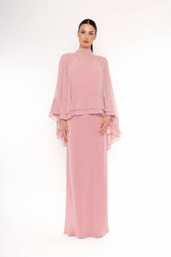 CARLA RUIZ - COMPLETO LUNGO ELEGANTE CON MANTELLA IN CHIFFON – DISPONIBILE ROSA, BLU E VERDE