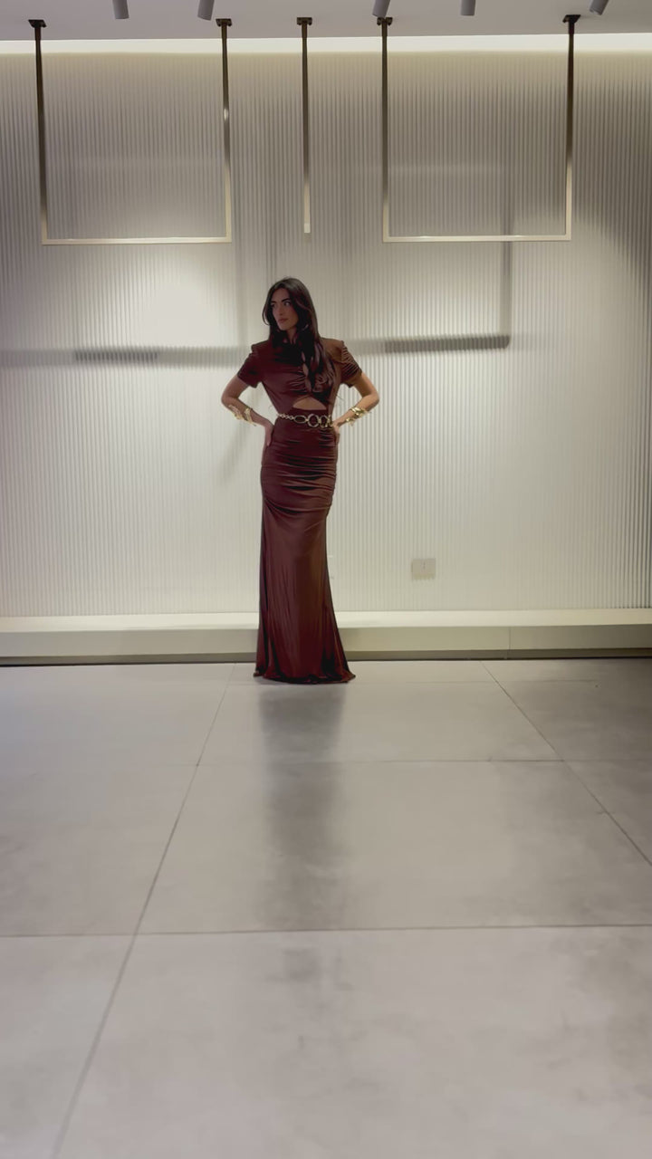 BABYLON - ABITO LUNGO RED CARPET CON CUT-OUT FRONTALI E DRAPPEGGI