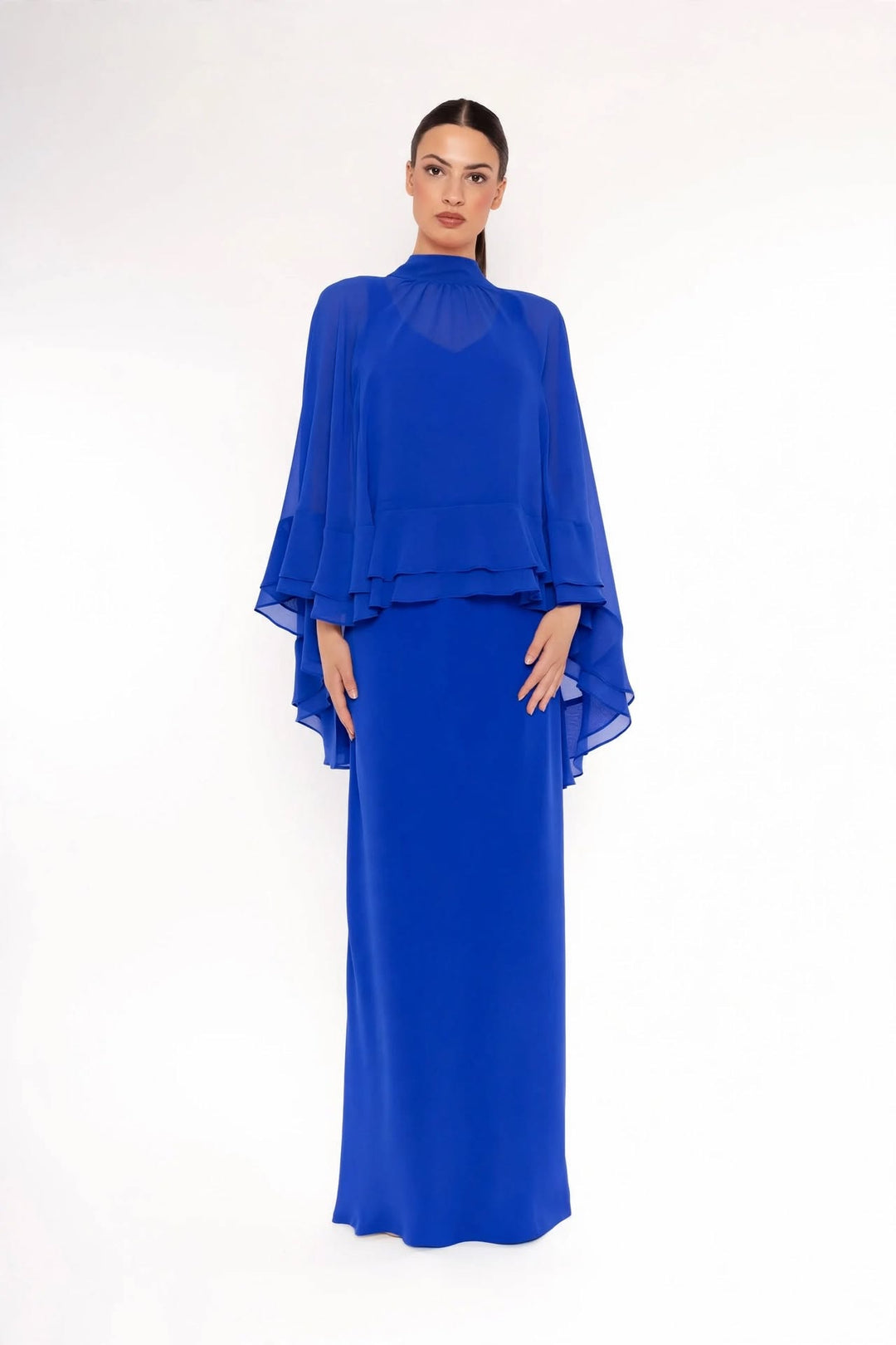 CARLA RUIZ - COMPLETO LUNGO ELEGANTE CON MANTELLA IN CHIFFON – DISPONIBILE ROSA, BLU E VERDE